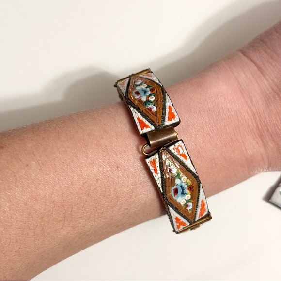 VINTAGE | MICRO MINI MOSAIC UNIQUE FLORAL BLUE ROSE ITALIAN AMALFI BRACELET - Picture 7 of 9